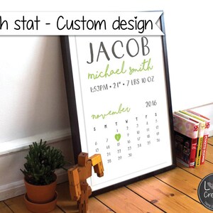 Printable BIRTH STAT design digital file Custom Birth announcement for boy or girl nursery decor newborn photo prop. calendar design image 2