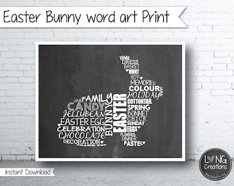 Easter print - bunny sign - bunny shaped word art - easter art print - printable digital file - wall art - easter decor - chalkboard sign