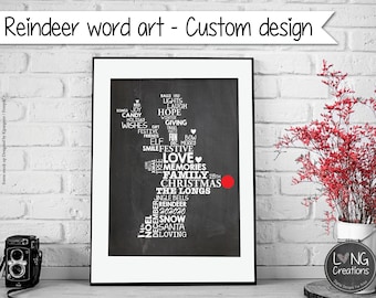 Custom printable reindeer word art, digital file, wall art, christmas, personalize with you family name