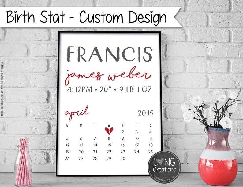 Printable BIRTH STAT design digital file Custom Birth announcement for boy or girl nursery decor newborn photo prop. calendar design image 1