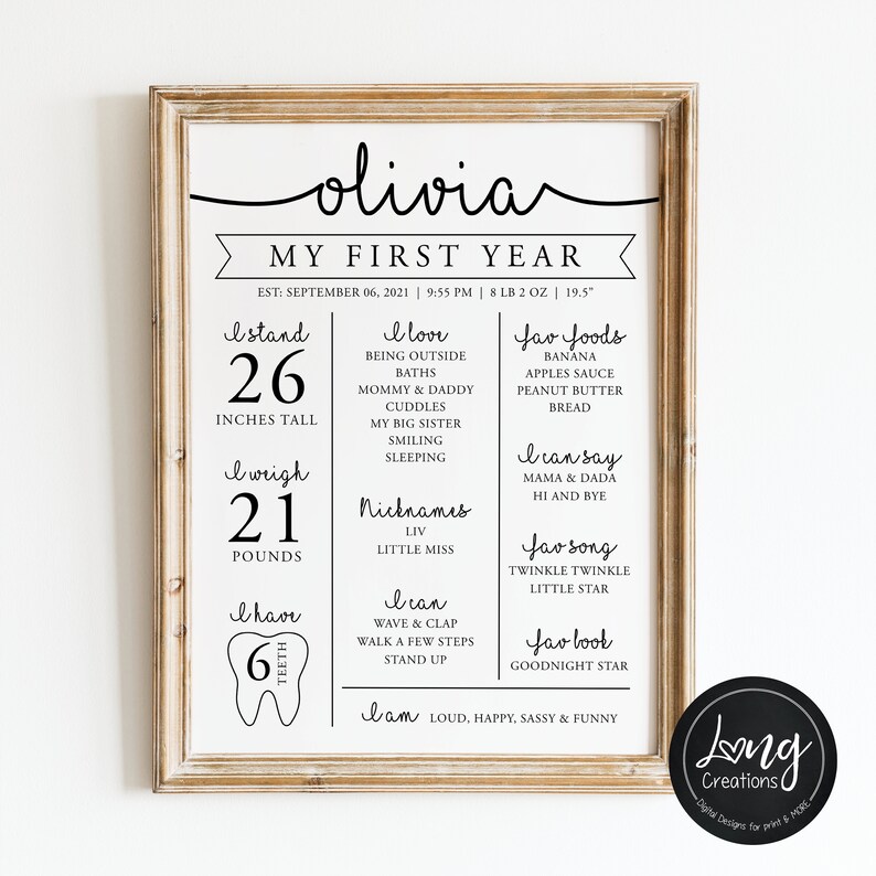 First Birthday Milestone Sign, Birthday stat design, Modern 1st Birthday Poster, minimalist One Year Baby Milestone, baby keepsake Printable zdjęcie 3