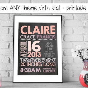 THEMED birth announcement BIRTH STAT print baby stats custom wall art boy / girl nursery decor newborn photo prop baby gift image 1