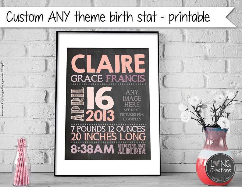 THEMED birth announcement BIRTH STAT print baby stats custom wall art boy / girl nursery decor newborn photo prop baby gift image 1