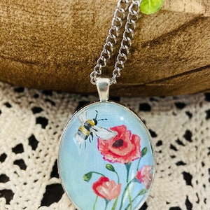 Hand painted floral necklace, bee necklace,