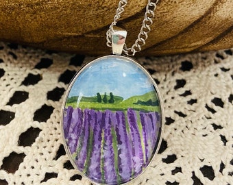 Lavender fields, hand painted necklace, original acrylic landscape necklace, lavender field