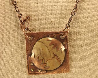 Square Copper and Wood Pendant with Chain