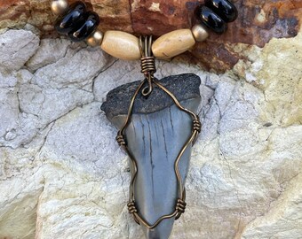 Great White Shark Tooth Pendant and beaded necklace, wire wrapped with bronze wire, gift box included