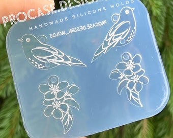 Floral Bird Earrings Silicone Mold, Cherry Blossom Resin Mold, Spring Jewelry Mold, UV Resin Earring Mold DIY Craft, animal resin mold