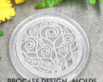 Etched rose coaster(round 4 inches), Silicone mold, Resin mold, Shiny coaster mold, Silicone mold for resin, coaster mold, flower mold, rose