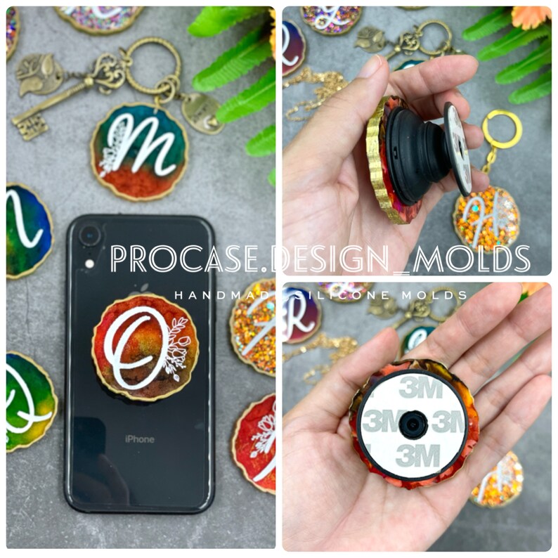 May include: A set of colorful resin phone grips with gold accents and glitter. The grips are shaped like circles and feature different letters. The grips are shown on a phone case and in a hand. The text "PROCASE.DESIGN_MOLDS HANDMADE SILICONE MOLDS" is visible in the image.