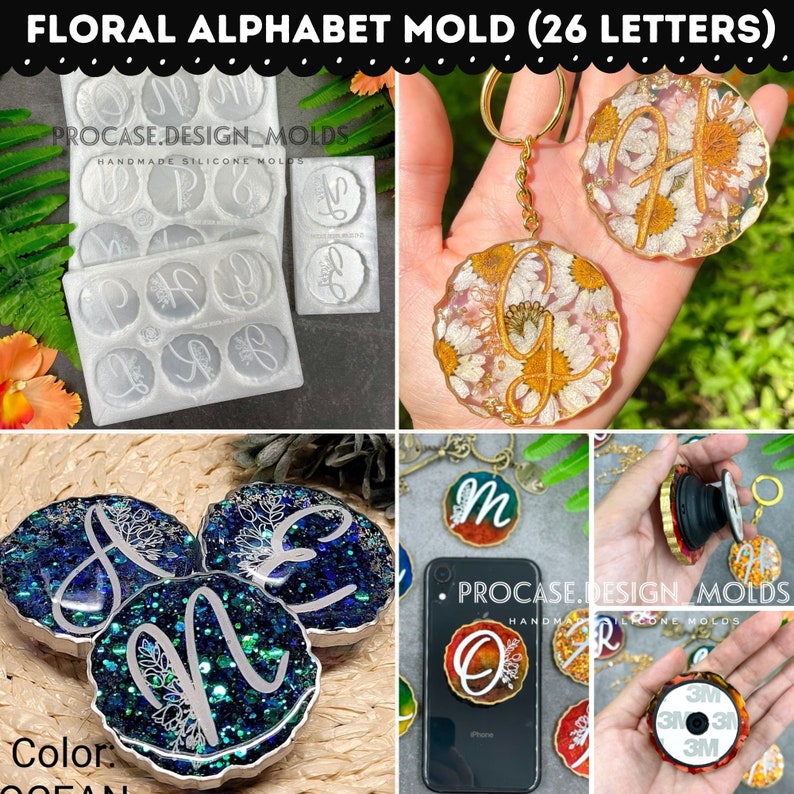 May include: A set of 26 floral alphabet molds for resin crafts. The molds are made of silicone and are designed to create round, scalloped-edge letters. The image shows examples of finished resin pieces with different colors and embellishments.