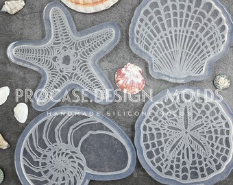 The seashell coaster mold collection - Set of 4 pcs. (1 design/each) 5 inches, coaster mold, silicone mold, resin mold, mold, shell mold