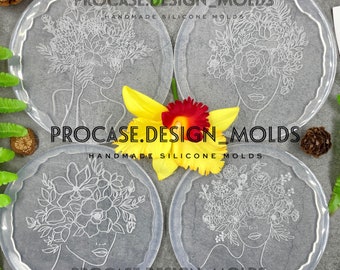 The Flower Lady Collection - Set of 4 pcs. (1 design/each) 5 inches, coaster mold, silicone mold, floral mold, resin mold, mold, floral mold