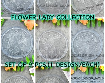 Moldes de colección "Bundle Flower Lady" - Juego de 9 piezas (1 diseño por pieza) de 5 pulgadas, molde para posavasos, molde de silicona, molde floral, molde de resina