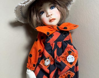 Little Stella Doll Outfit: Orange Overalls, Shirt, Witch Hat