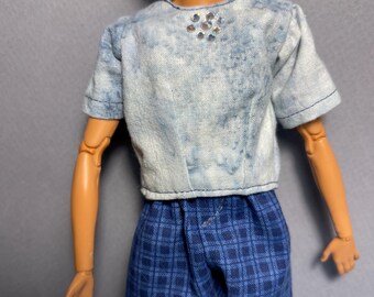 Doll Outfit: Blue Top & Plaid Shorts for 11-12" Dolls
