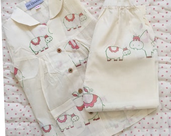 Organic Cotton Children's Pyjamas in adorable Elephant, Pony, Hippo and Donkey Pattern