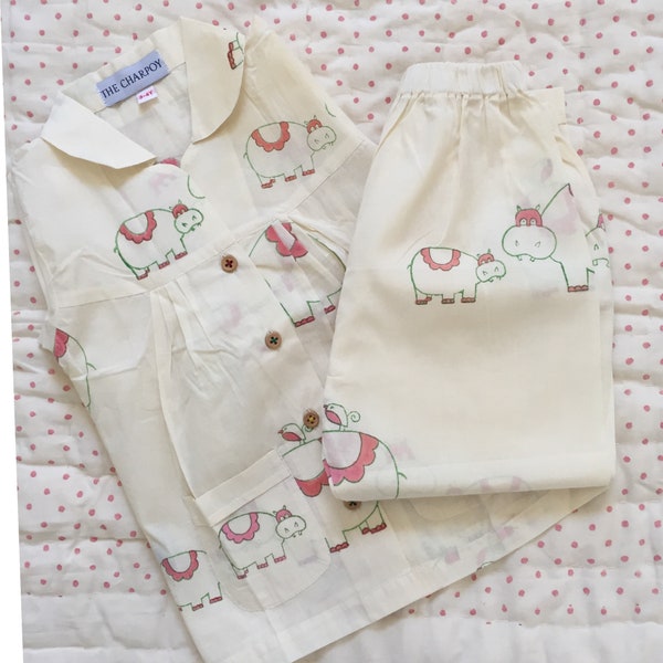 Organic Cotton Children's Pyjamas in adorable Elephant, Pony, Hippo and Donkey Pattern