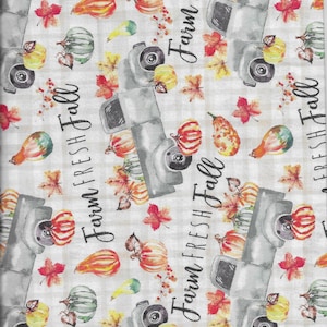 New Harvest Farm Fresh Fall Trucks on Tan 100% Cotton Fabric by the Yard and half yard