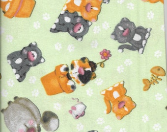 New A.E. Nathan Cute Cats Posing on Green Comfy Flannel Fabric - Last Piece