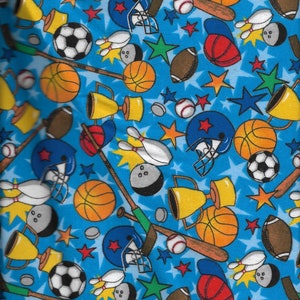 New All Sports and Stars on Blue Flannel Fabric by the Yard and Half Yard