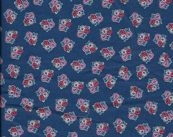 New Red and Pink Flowers on Navy Blue 100% cotton fabric by the Quarter yard