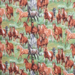 New Wild & Free Horses Allover on Green 100% cotton fabric by the yard