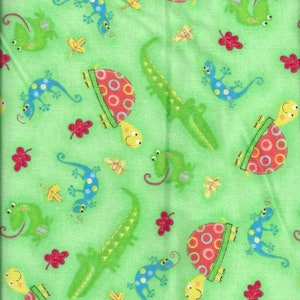New Comfy Alligators Lizards & Turtles on Green Flannel Fabric by the Yard and Half Yard - Last Piece
