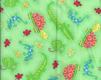 New Comfy Alligators Lizards & Turtles on Green Flannel Fabric by the Yard and Half Yard