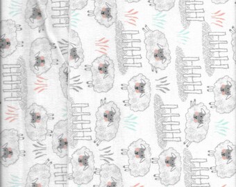 New White/Gray Sheep with Fences on White 100% Cotton Flannel Fabric by the Yard and Half Yard