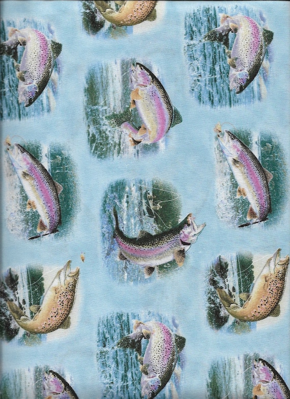 New Tight Lines Trout Fishing on Blue 100% Cotton Fabric by the Yard and  Half Yard 