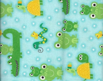 New A.E. Nathan Alligators Frogs Snakes Birds Turtles on Blue Flannel Fabric by the Yard and Half Yard