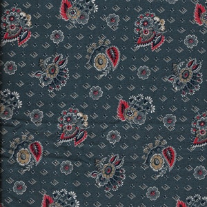 New Tan and Blue Flowers with Red Leaves on Blue 100% Cotton Fabric By the Half Yard