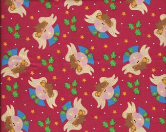 New Christmas Angels Holly and Stars on Red 100% Cotton Fabric 35" x 42" Piece