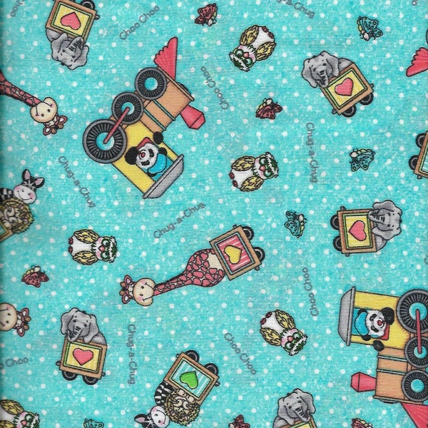 New Light Blue Bazooples Choo Choo Toss w/animals 100% cotton fabric by the yard and half yard