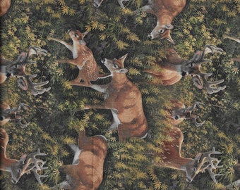 May include: A seamless fabric pattern featuring a repeating design of brown deer with antlers in a green woodland setting.
