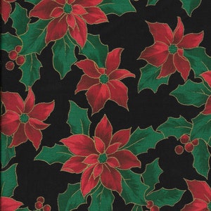 Nouveaux poinsettias de Noël sur tissu 100 % coton noir 25 x 44 po. - Dernière pièce