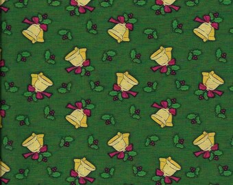New Christmas Jingle Bells and Holly on Green 100% Cotton Fabric 34&quot; x 44&quot; - Last Piece