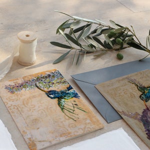 Tinta a óleo pintada à mão; Cartões ilustrados de beija-flores e flores silvestres; Conjunto de 4 cartas; com envelopes