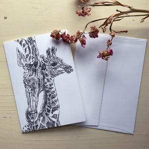 Ilustración de papelería, tarjeta y bolígrafo de jirafa elegante dibujada a mano, madre e hijo