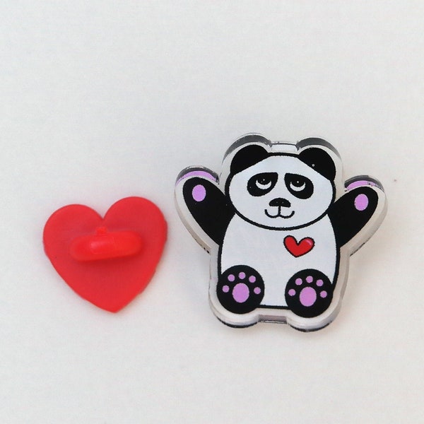 Panda Pin, made of recycled Recycled Acrylic with a big heart, panda gifts, statement animal jewellery, panda print, perspex pin, clear pin