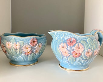 Vintage Melba Ware / Milk Jug and Sugar Bowl / Creamer / Majolica / Raised Cabbage Design / Pink Flower Pattern / Blue and Pink / 1950s /