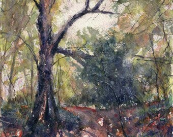 Trees Art Original Painting Nature Forest Woodland Green Glade - IN THE THICKET - Watercolour Landscape