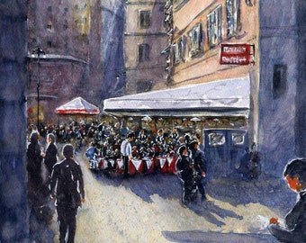 THE MEETING PLACE - Original Watercolour Cityscape - Painting Rome Piazza Restauraunt Street view people Art