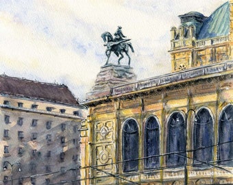 THE WINGED HORSE - Original Watercolour Cityscape - Painting Vienna Street view Statue Art