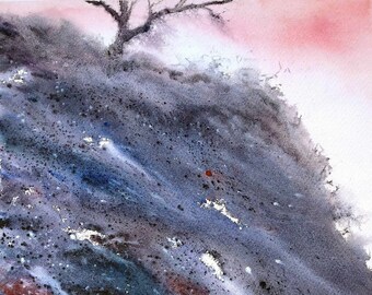 Hillside a solitary tree stands sentinel the essence of the landscape - Stand Alone - Unframed impressionist watercolour painting purple