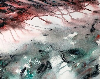 Colourful abstract artwork water reflection distorting nature summer – Devious Waters - Unframed watercolour river green red light dream