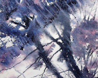 Expressive artwork dark trees windy day winter woods – The Frozen Wind - Unframed watercolour dramatic energetic blue black branches light