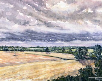 Below the Darkening Clouds - Original Watercolour Painting - Countryside Summer Storm Dark Clouds Colourful Landscape Nature Art