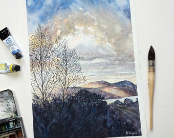 MORNING GLOW - Original Watercolour Landscape - Colourful Countryside Lake District View Mountains Scenic Art